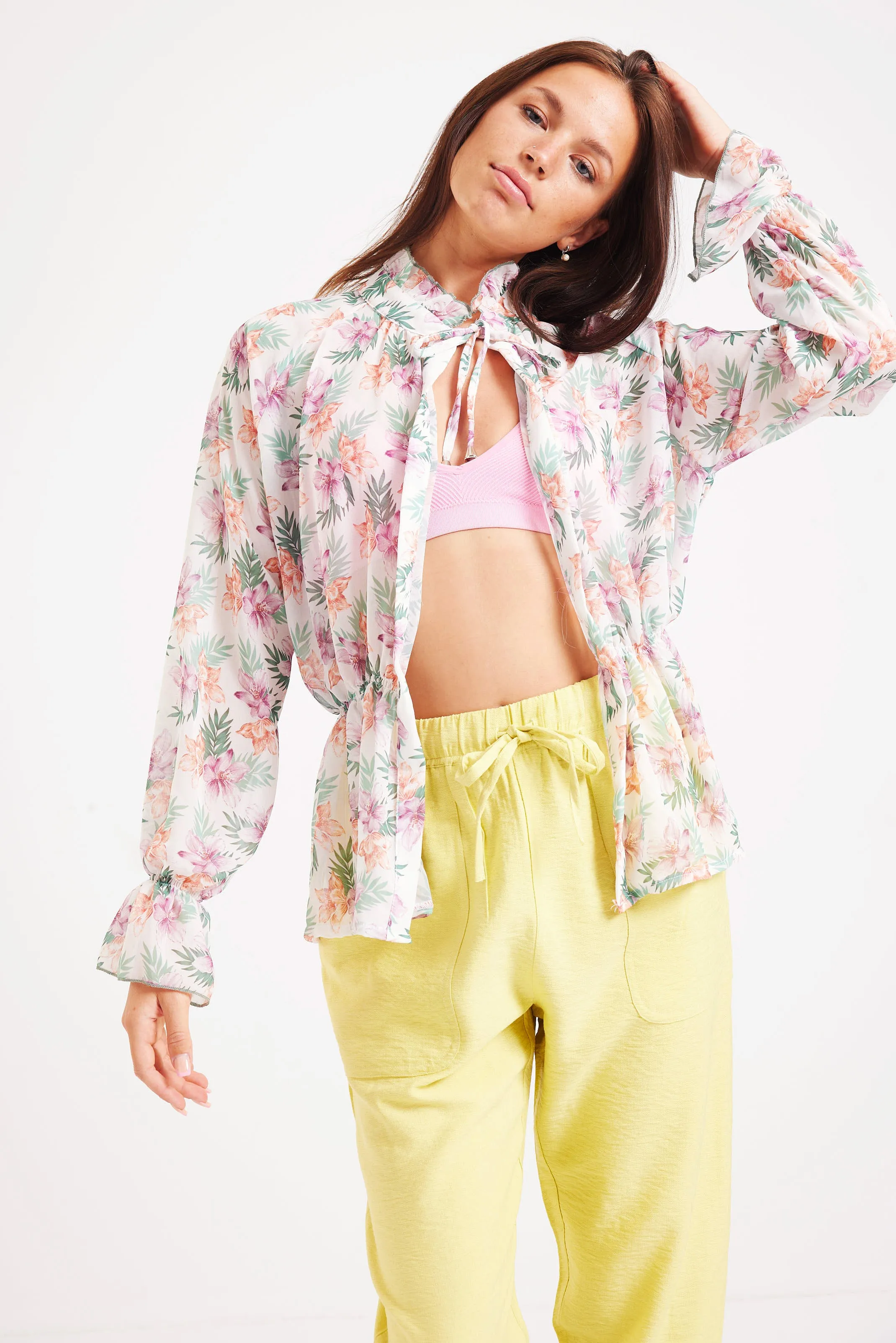 FLORAL CHIFFON BLOUSE - WHITE