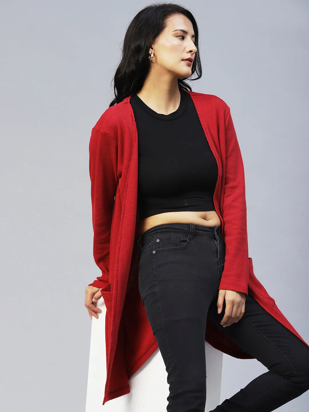 Front Open Waffle Knit Long Shrug