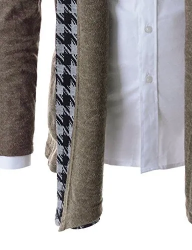 (GD92) Slim Fit Hound tooth Check Open Front Shawl Collar Stylish Wool Cardigan BROWN US L(Tag size 2XL)