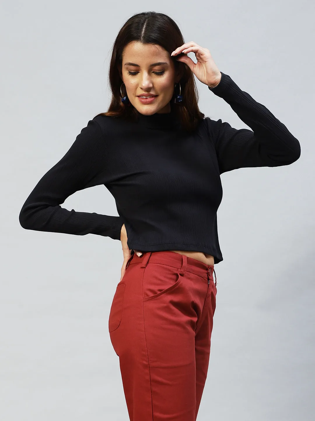 High Neck Full Sleeves Rib Top