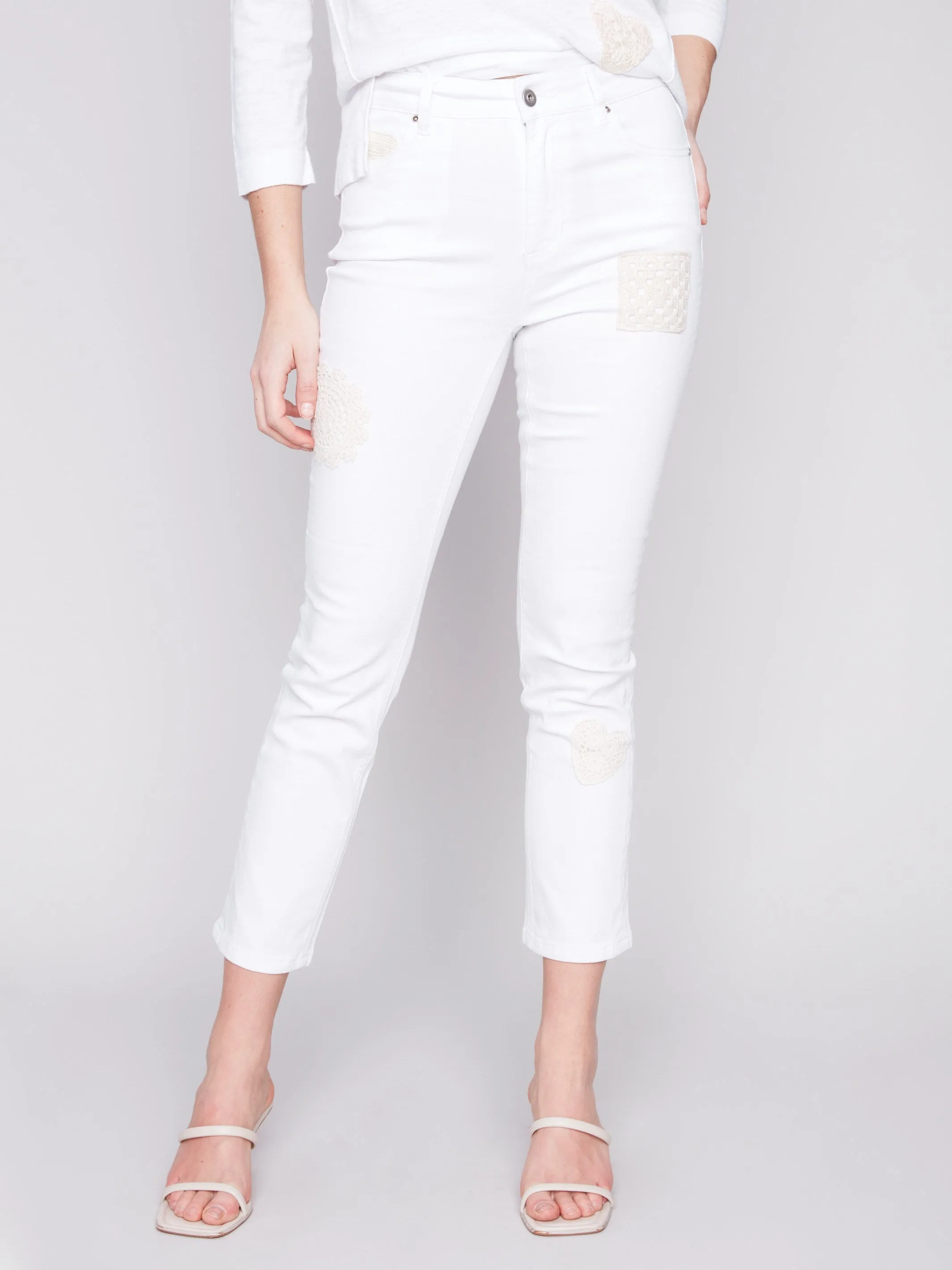 Jeans with Crochet Patch Details - White