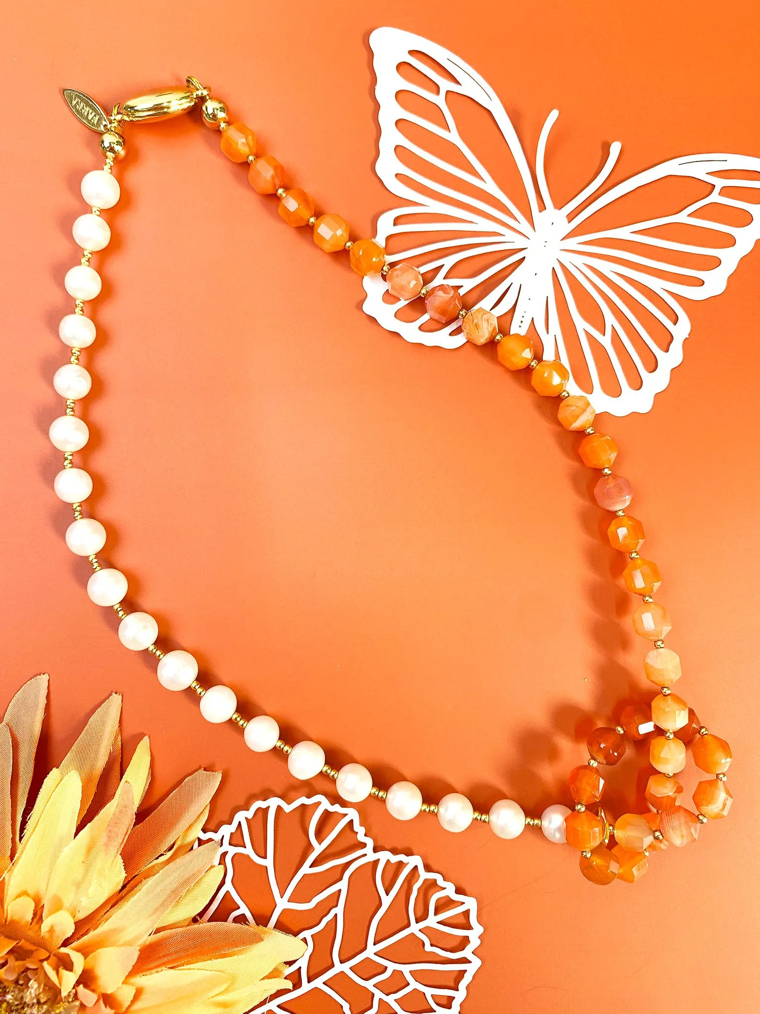 Knotted Orange Agate With Freshwater Pearl Necklace GN003