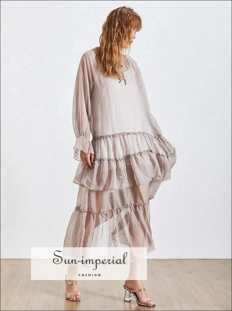 Lola Dress- Summer Ruffles Patchwork Perspective Women's Dress V Neck Petal Long Sleeve Loose Dresse