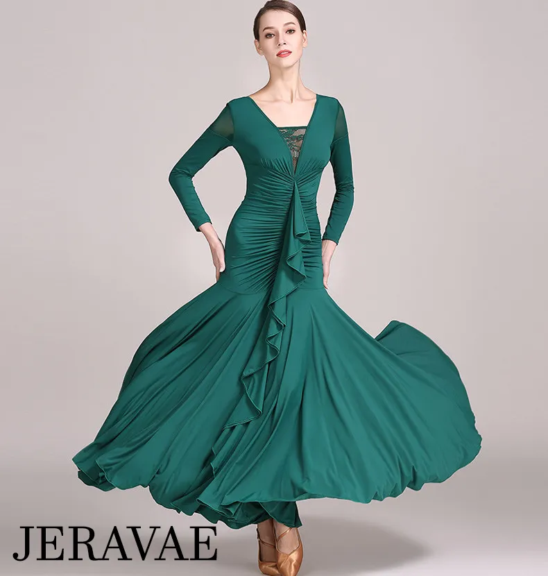 Long Ballroom Practice Dress with Flutter Sash and Lace Accent in Neckline Available in 3 Colors PRA 087_sale