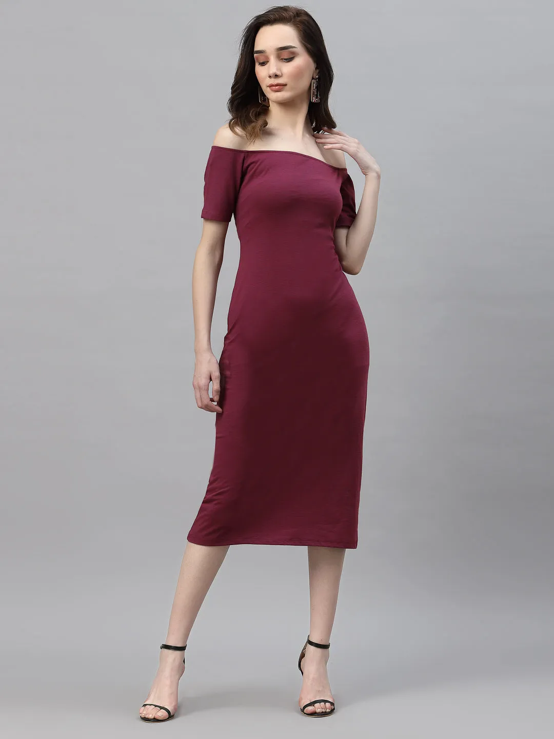 Magenta Self Texture Off Shoulder Bodycon Dress