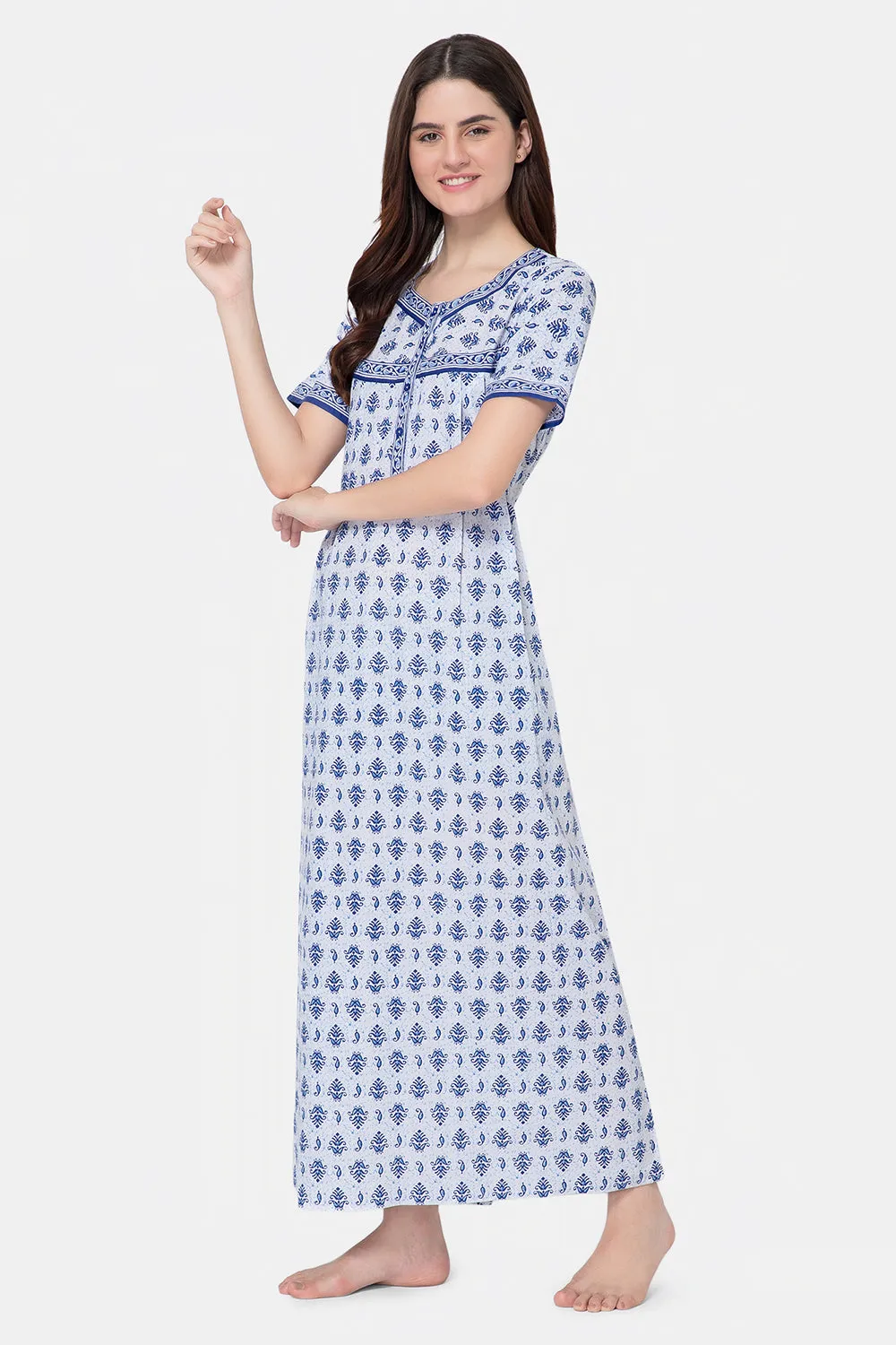 Naidu Hall Round Neck Half Sleeve Front Button Open Nighty - Blue - NT06