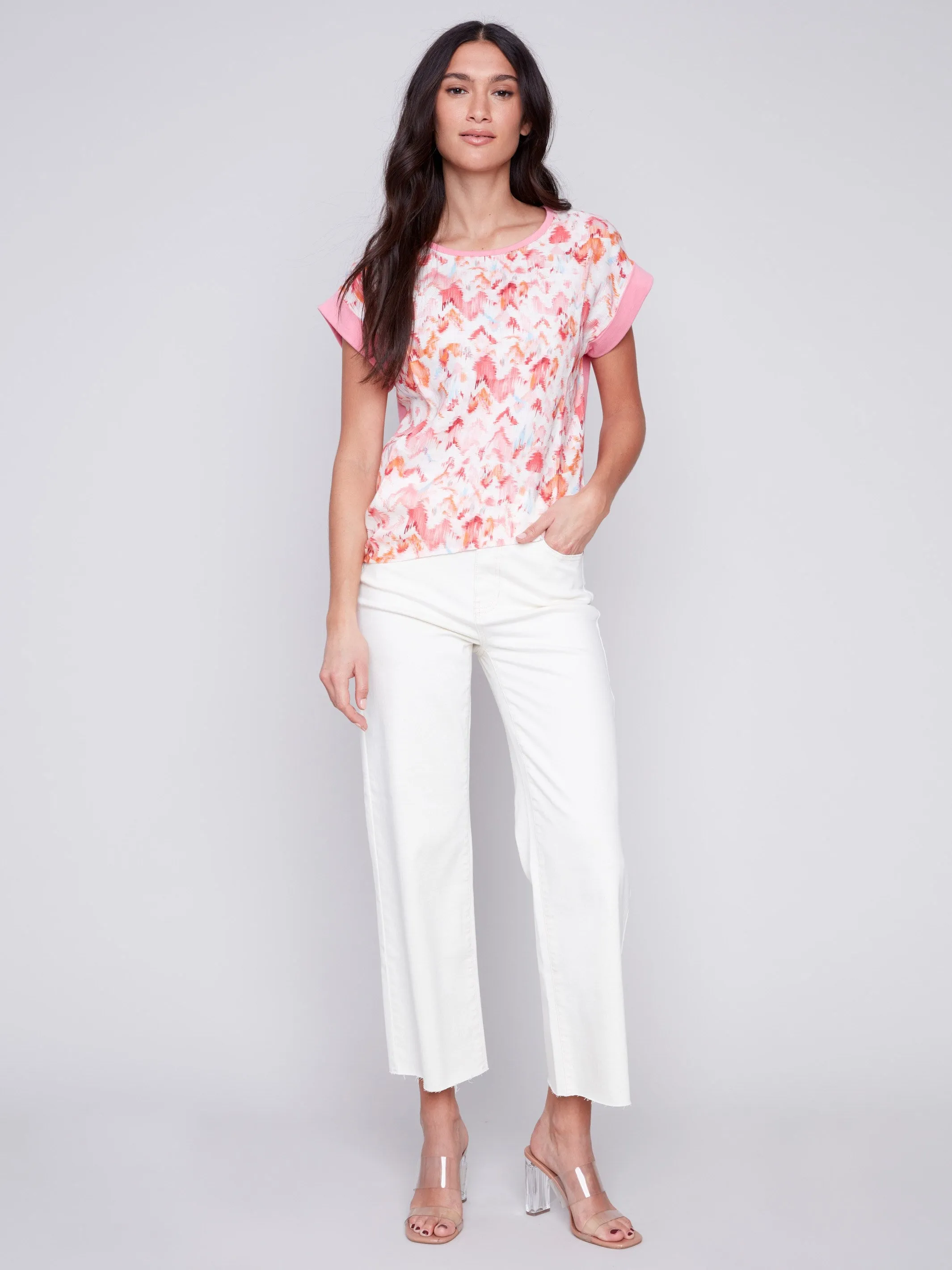 Printed Linen Top with Side Tie - Pink