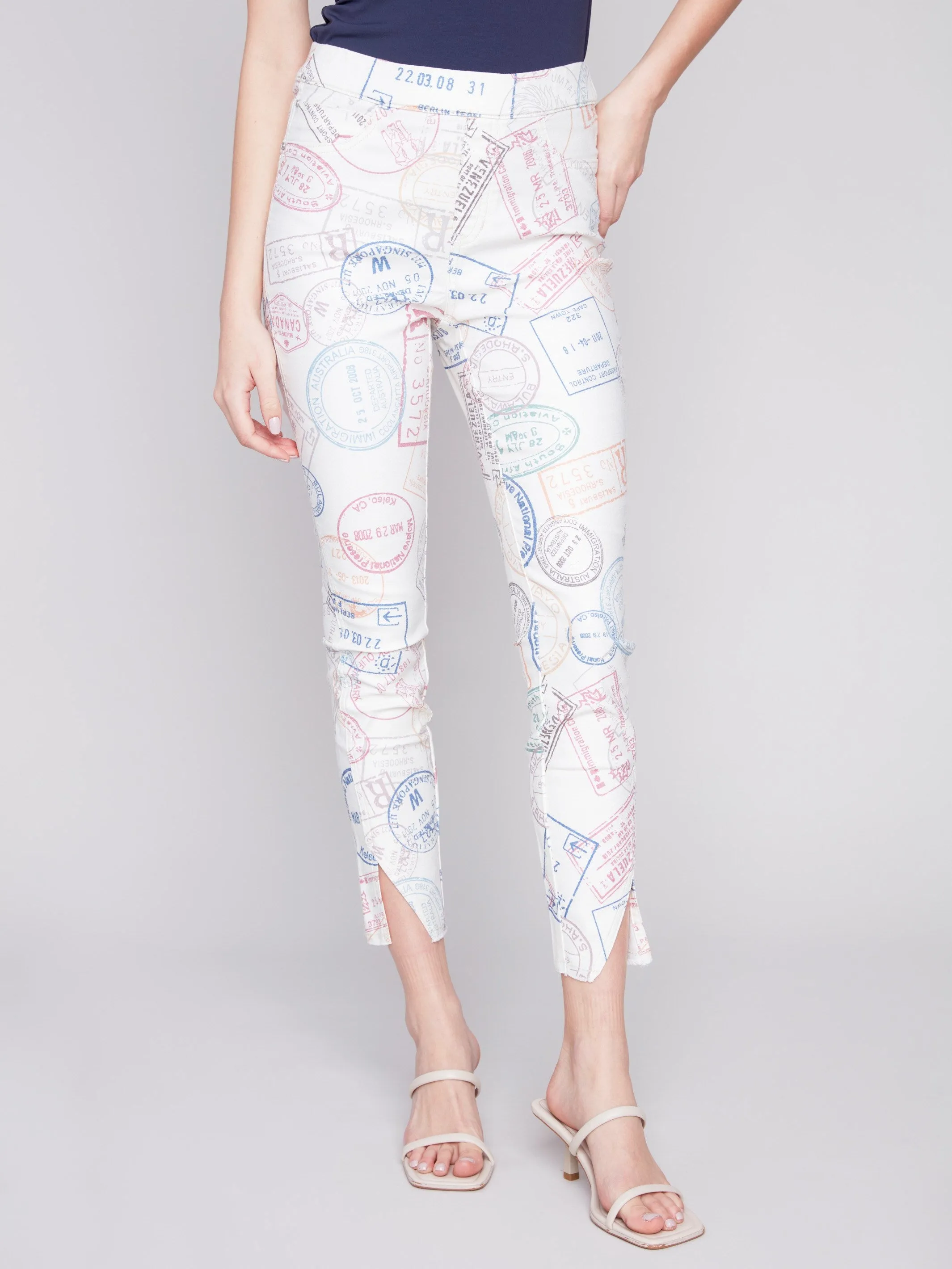 Printed Pull-On Twill Pants with Split Hem - Stamps