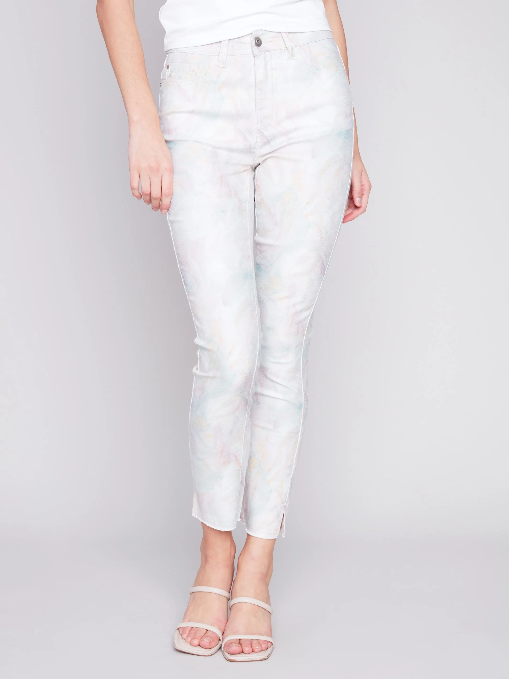 Printed Twill Pants with Hem Slit - Pastel