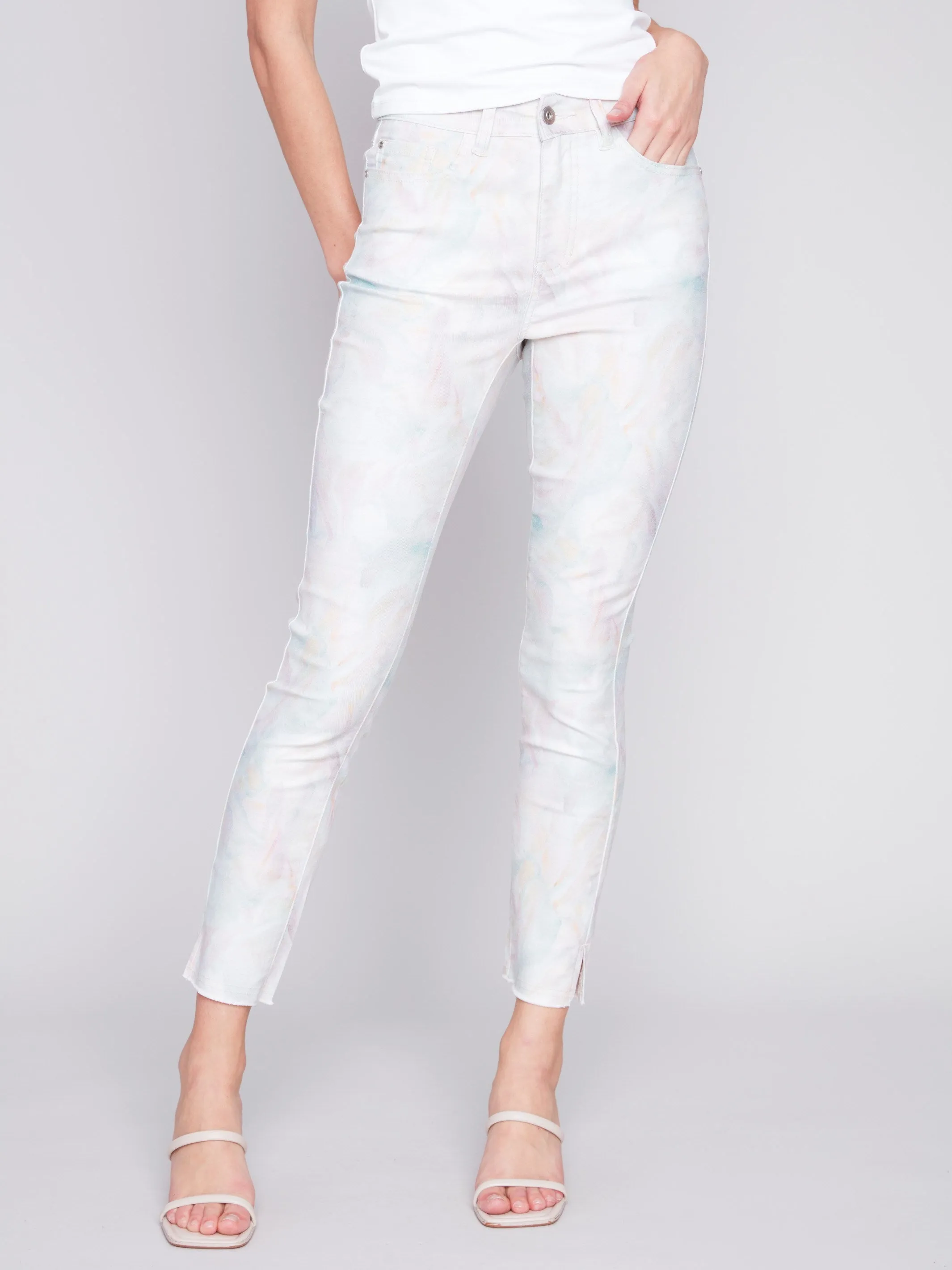 Printed Twill Pants with Hem Slit - Pastel