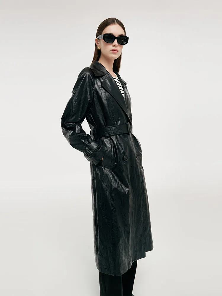 PU Leather Women Long Trench Coat