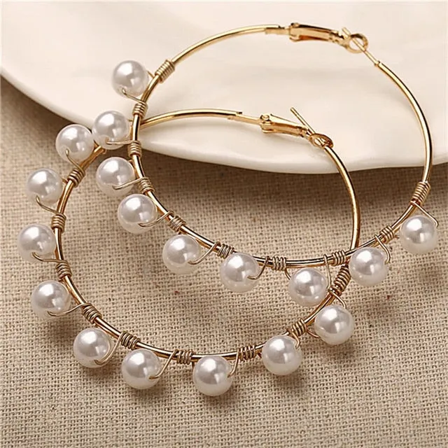 Simple Plain Gold Color Metal Pearl Hoop Earrings Fashion Big Circle Hoops Statement Earrings for Women Party Jewelry