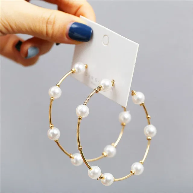 Simple Plain Gold Color Metal Pearl Hoop Earrings Fashion Big Circle Hoops Statement Earrings for Women Party Jewelry