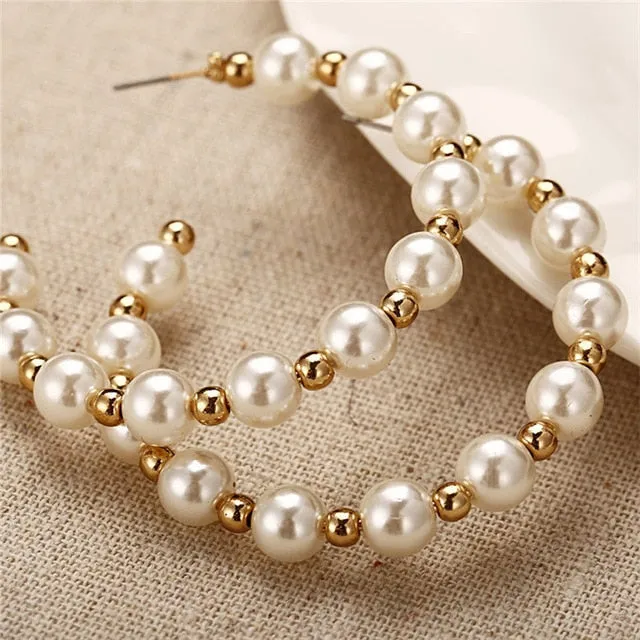 Simple Plain Gold Color Metal Pearl Hoop Earrings Fashion Big Circle Hoops Statement Earrings for Women Party Jewelry