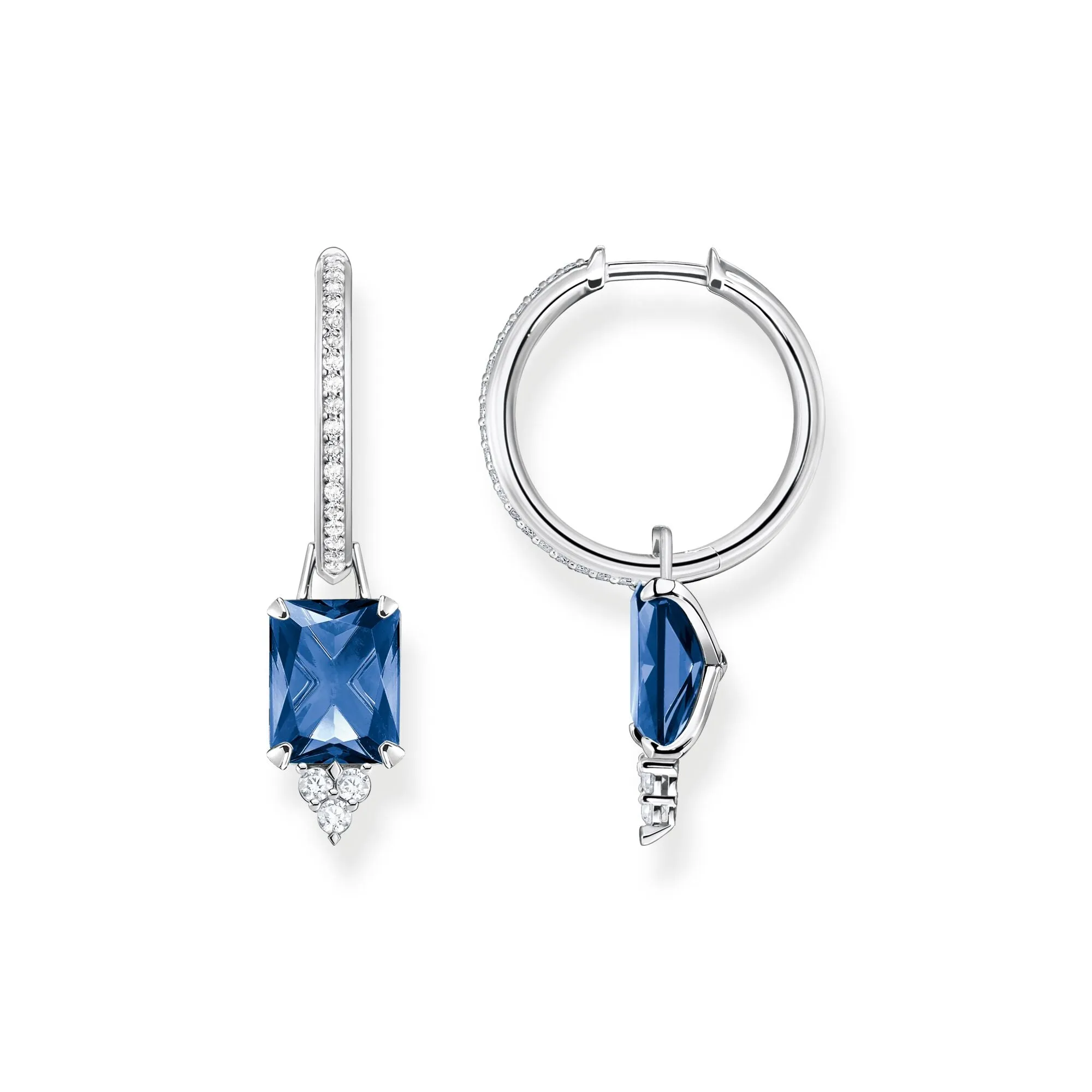 STERLING SILVER HERITAGE BLUE CZ DANGLE HOOP EARRINGS