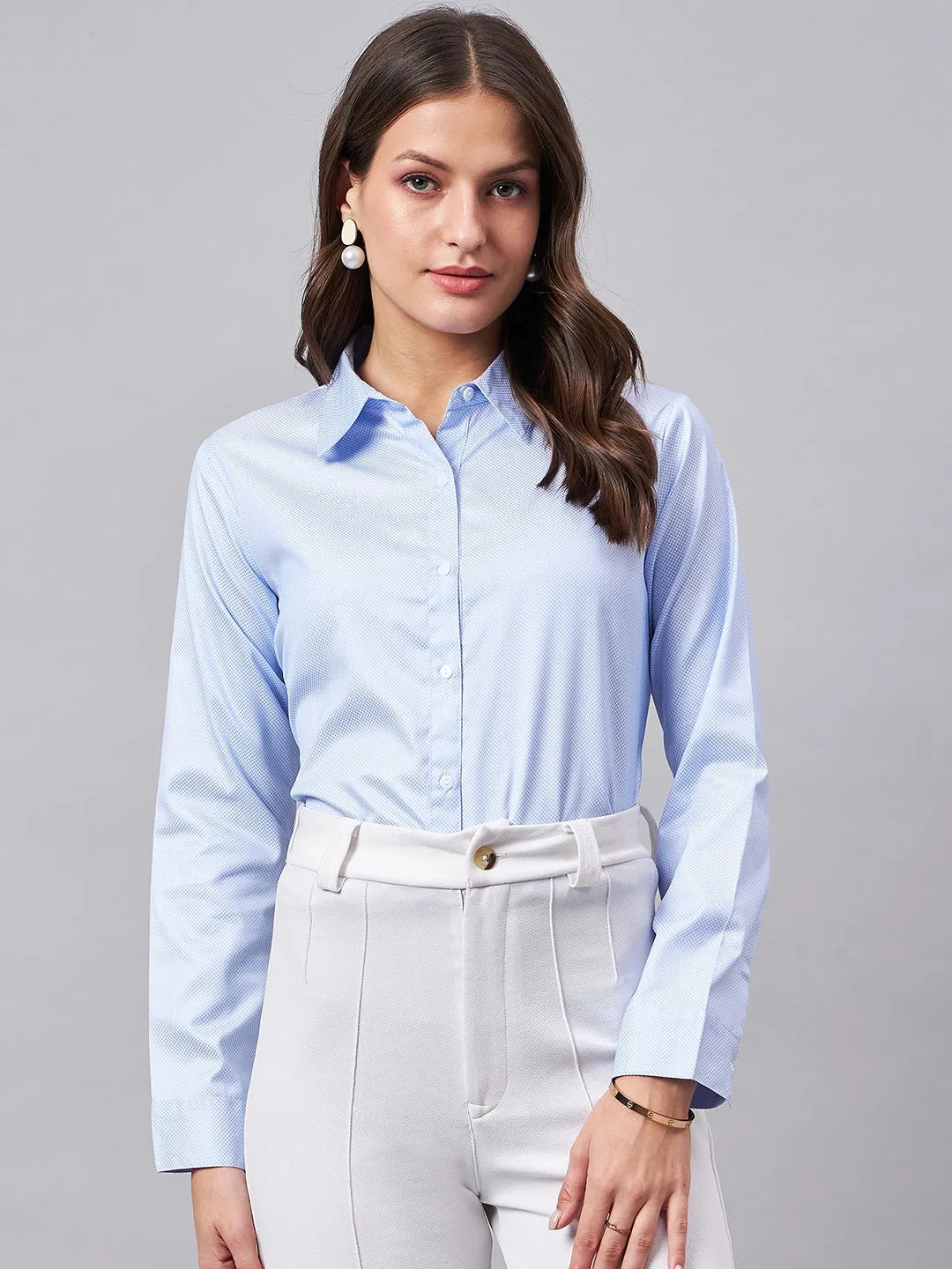 Style Quotient Women Chevron Self Design Blue And White Polycotton Formal Shirt