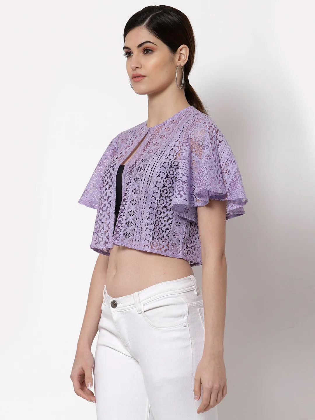 Style Quotient Women Lilac Self Design Lace Open Front Smart Casual Shrug