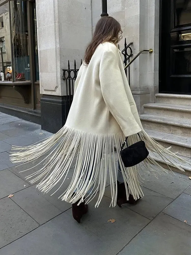 Stylish and Warm Women's Wool Coat with Tassel Fringe