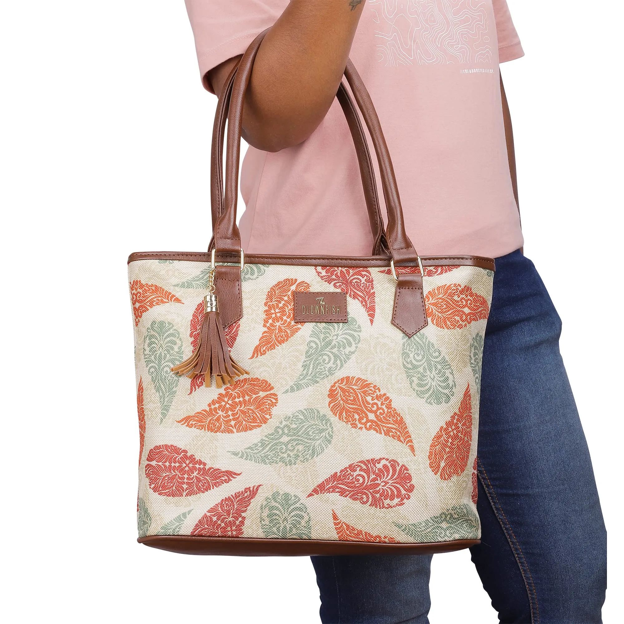 THE CLOWNFISH Aviva Printed Handicraft Fabric Handbag for Women Office Bag Ladies Shoulder Bag Tote for Women College Girls (Cream)