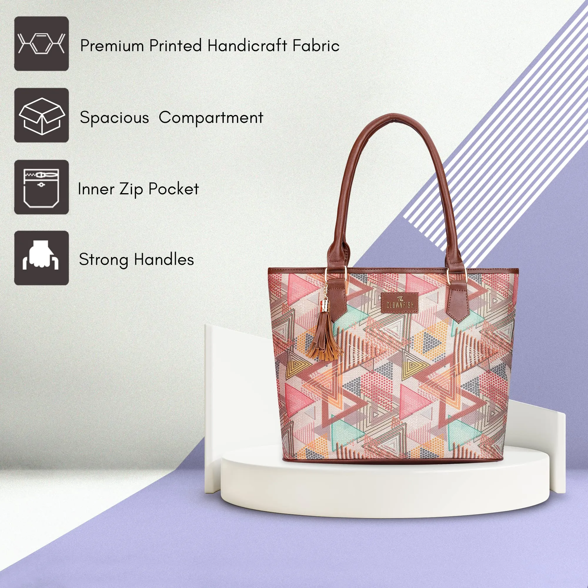 THE CLOWNFISH Aviva Printed Handicraft Fabric Handbag for Women Office Bag Ladies Shoulder Bag Tote for Women College Girls (Multicolour-Triangle Design)