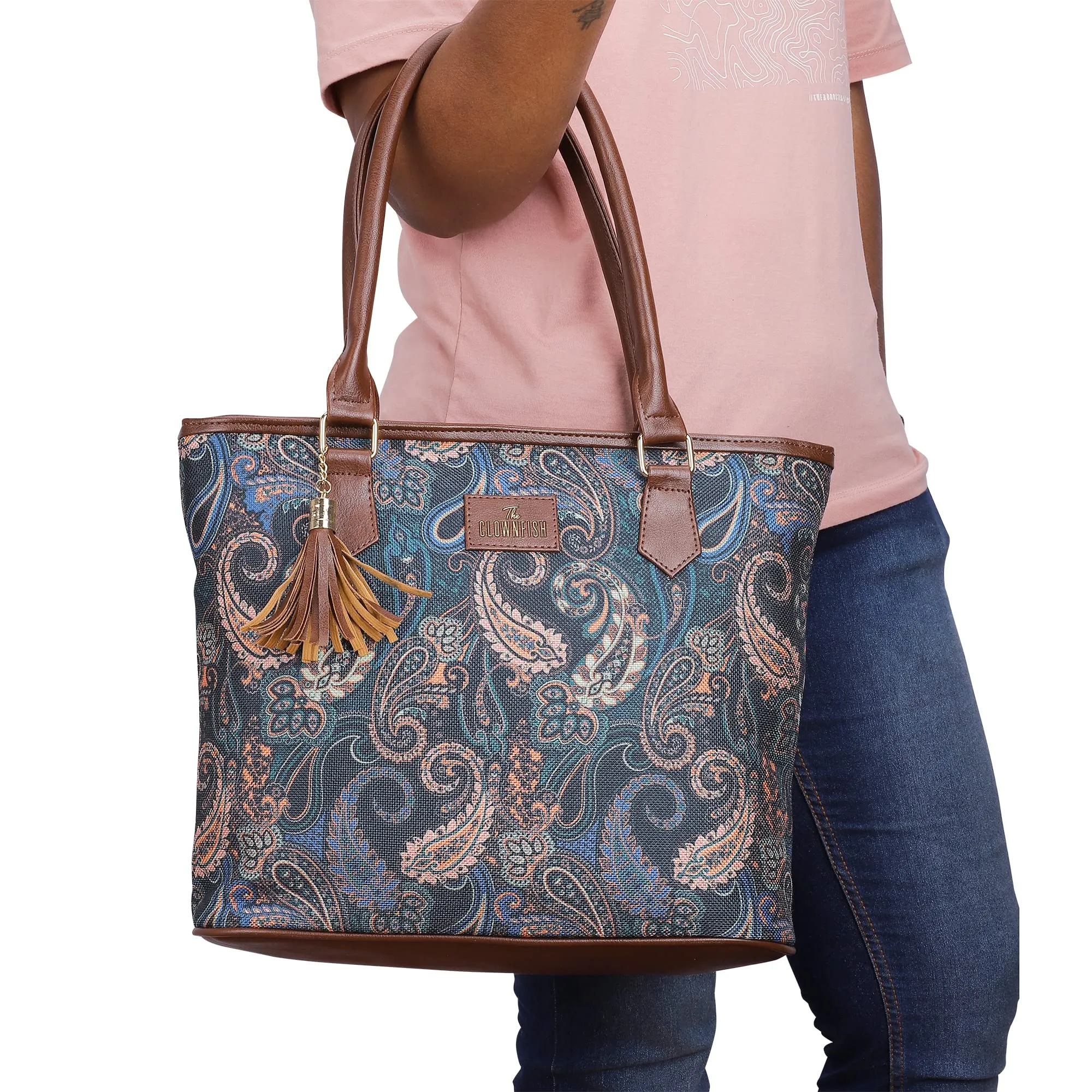 THE CLOWNFISH Aviva Printed Handicraft Fabric Handbag for Women Office Bag Ladies Shoulder Bag Tote for Women College Girls (Peacock Blue)