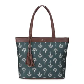 THE CLOWNFISH Casey series 15.6 inch Laptop Bag For Women Printed Handicraft Fabric & Faux Leather Office Bag Briefcase Hand Messenger bag Tote Business Bag (Bottle Green)