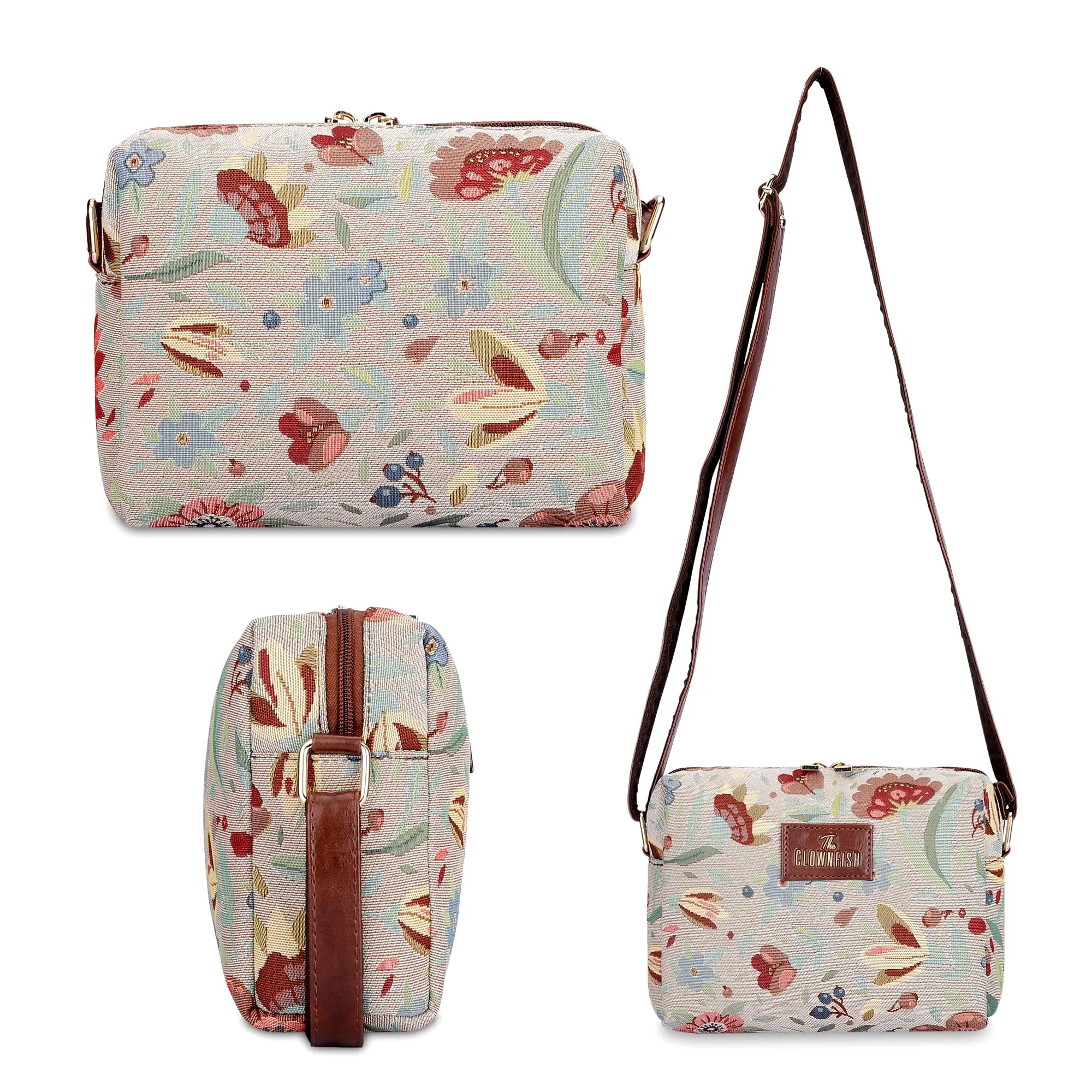 THE CLOWNFISH Combo Of Adelina Sling for Women Crossbody Bag for Ladies College Girls & Justina Tapestry Fabric & Faux Leather Handbag for Women (Sky Blue-Floral)