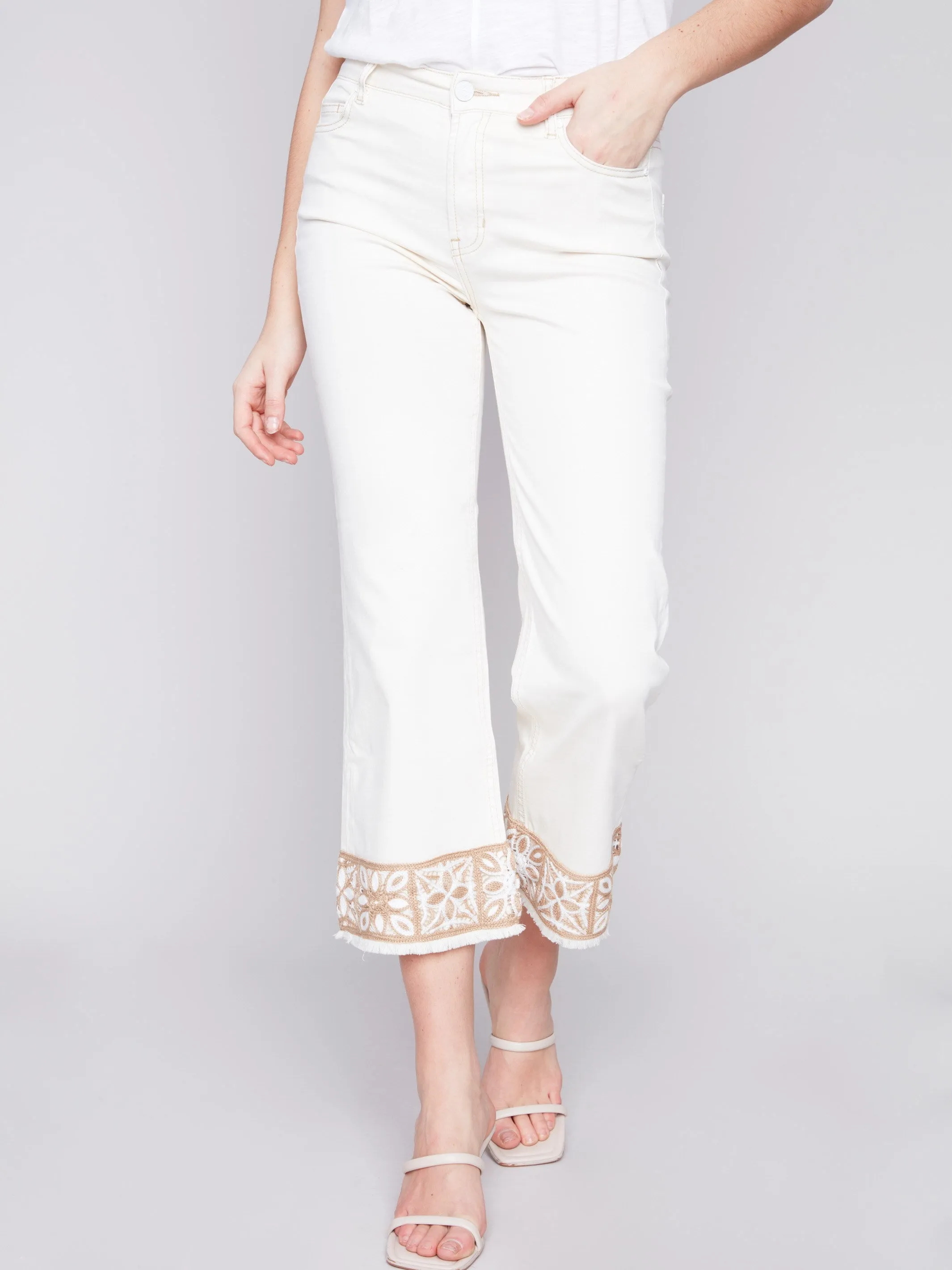 Twill Pants with Crochet Cuff - Natural