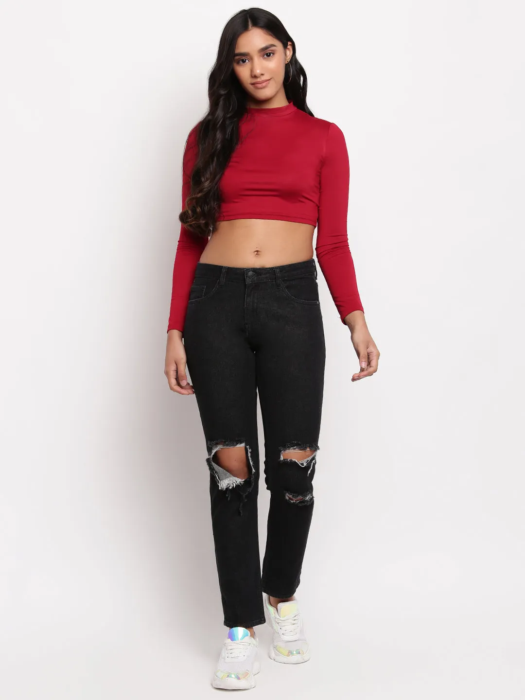 Women Black Mid Waist Distressed Denim Jeans