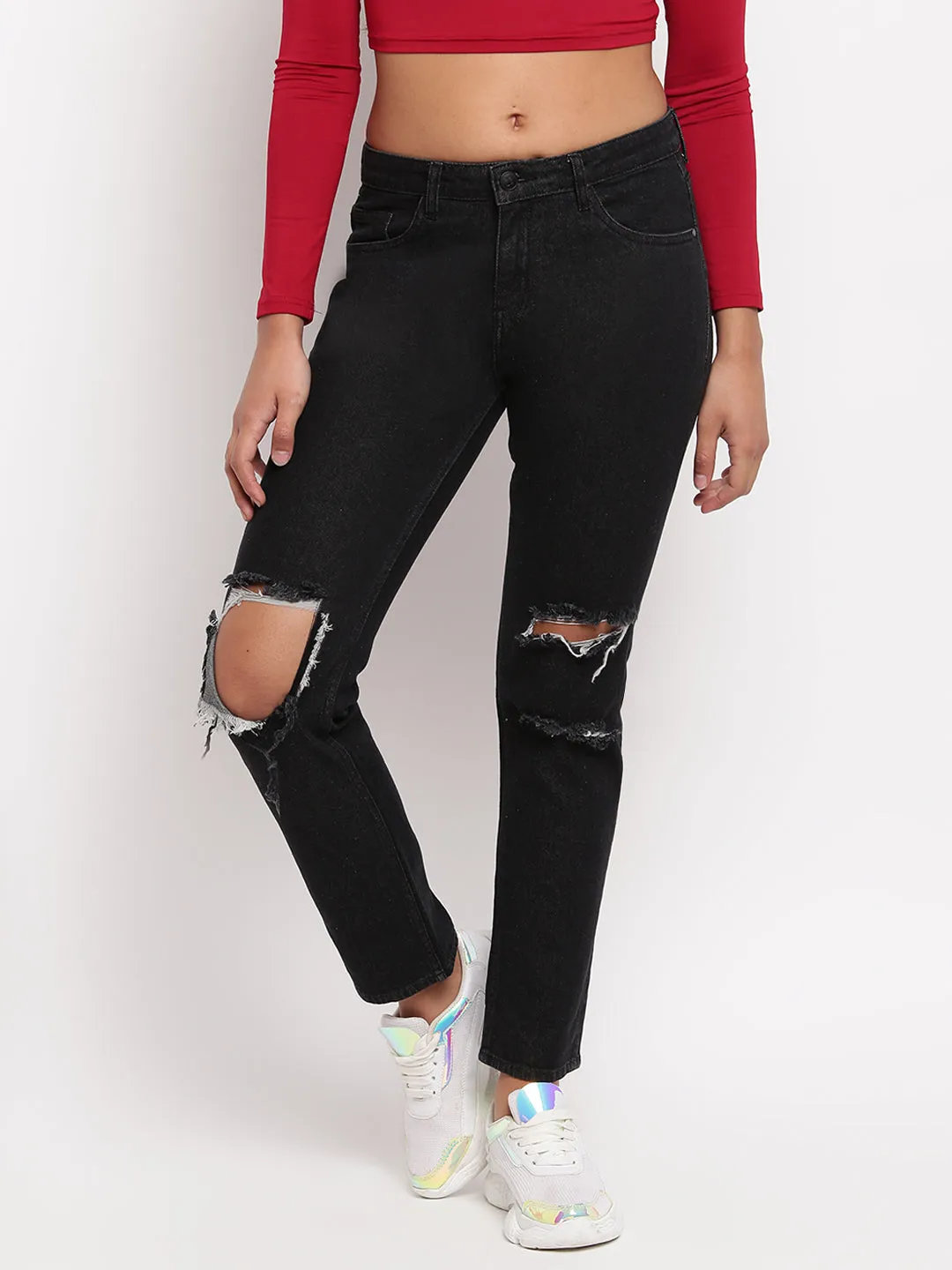 Women Black Mid Waist Distressed Denim Jeans