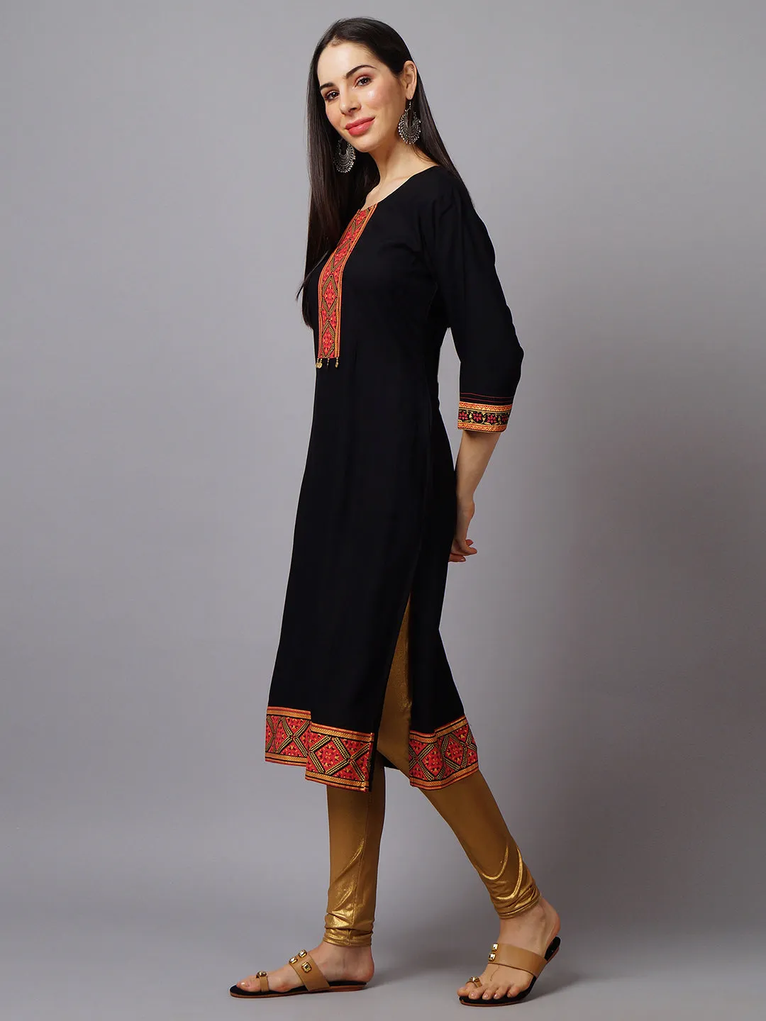 Women Black Ornamental Printed Kurta