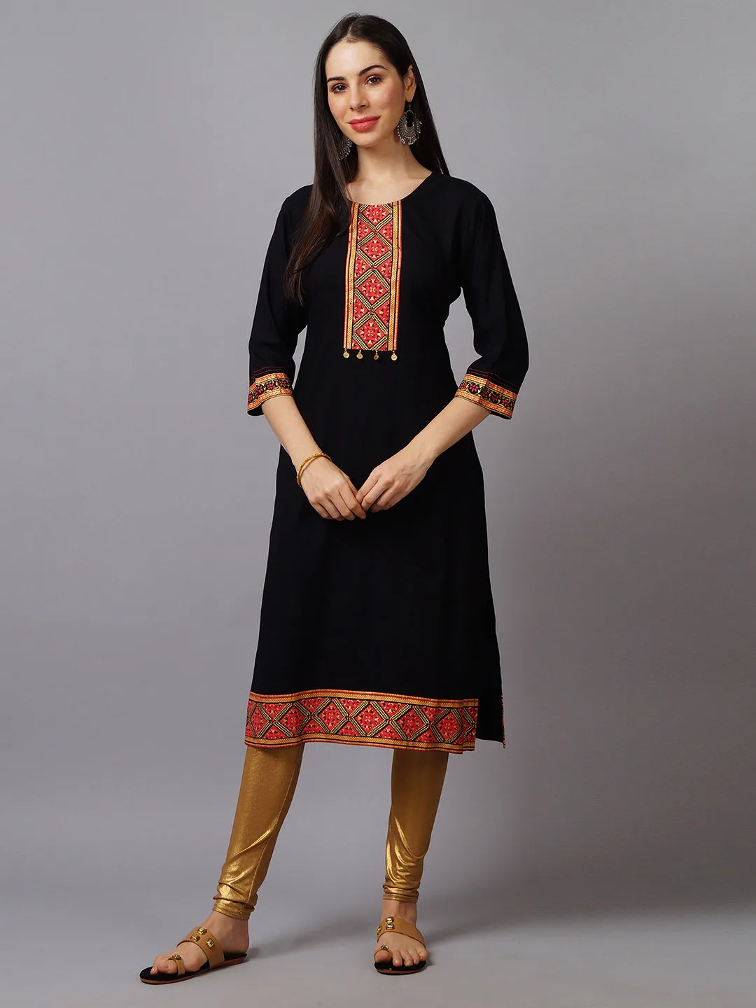 Women Black Ornamental Printed Kurta