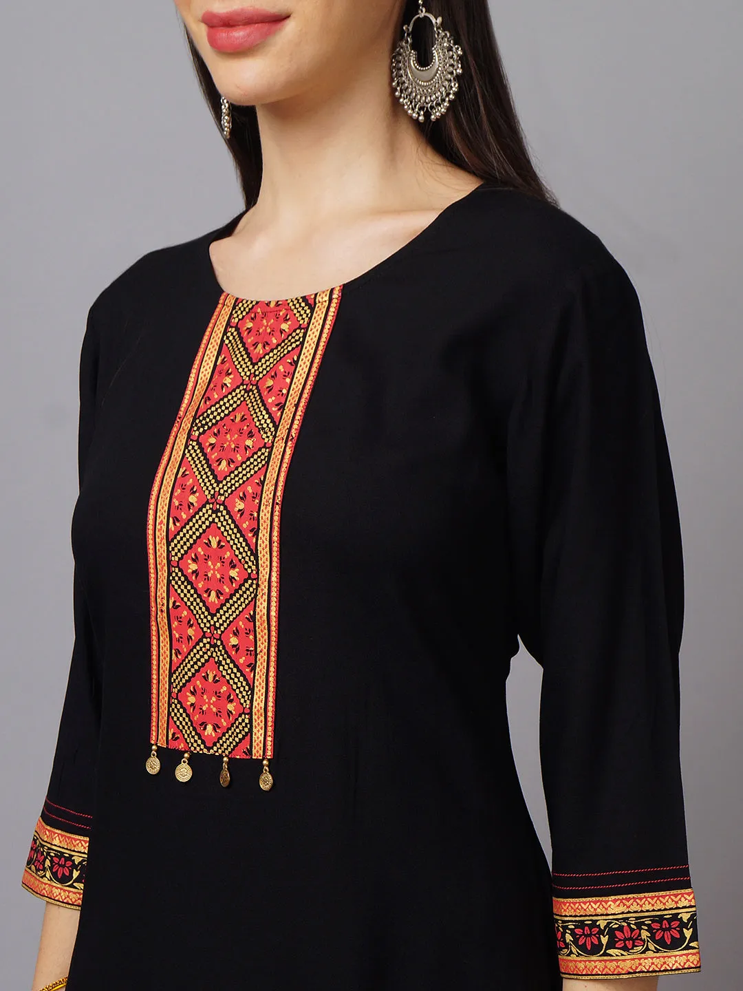 Women Black Ornamental Printed Kurta