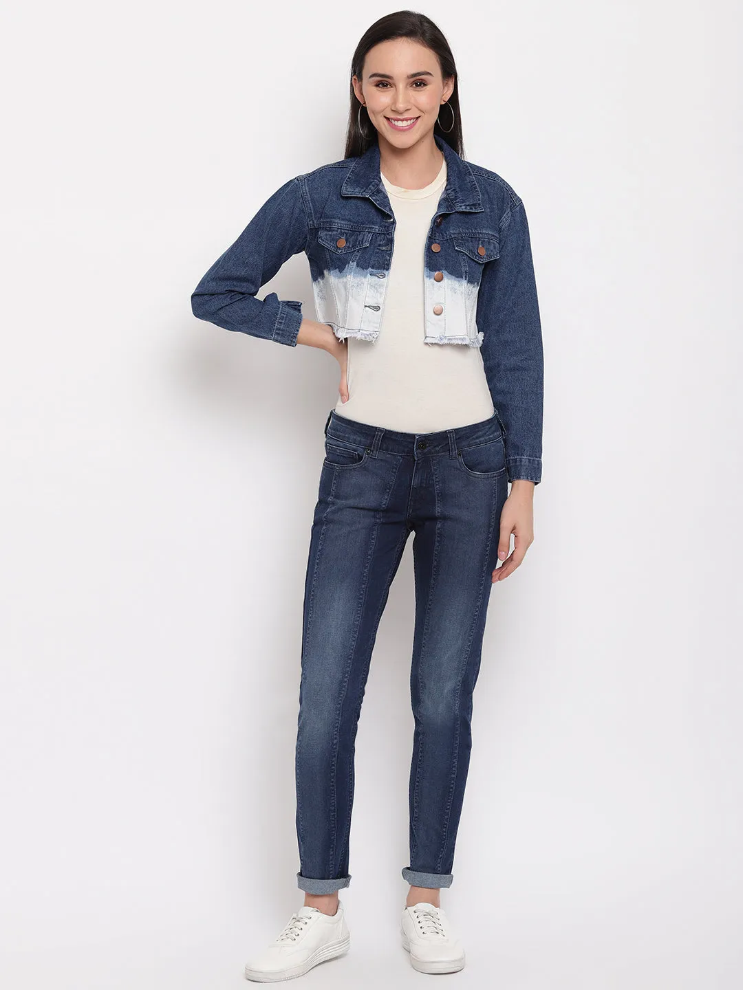 Women Blue Cropped Denim Jacket