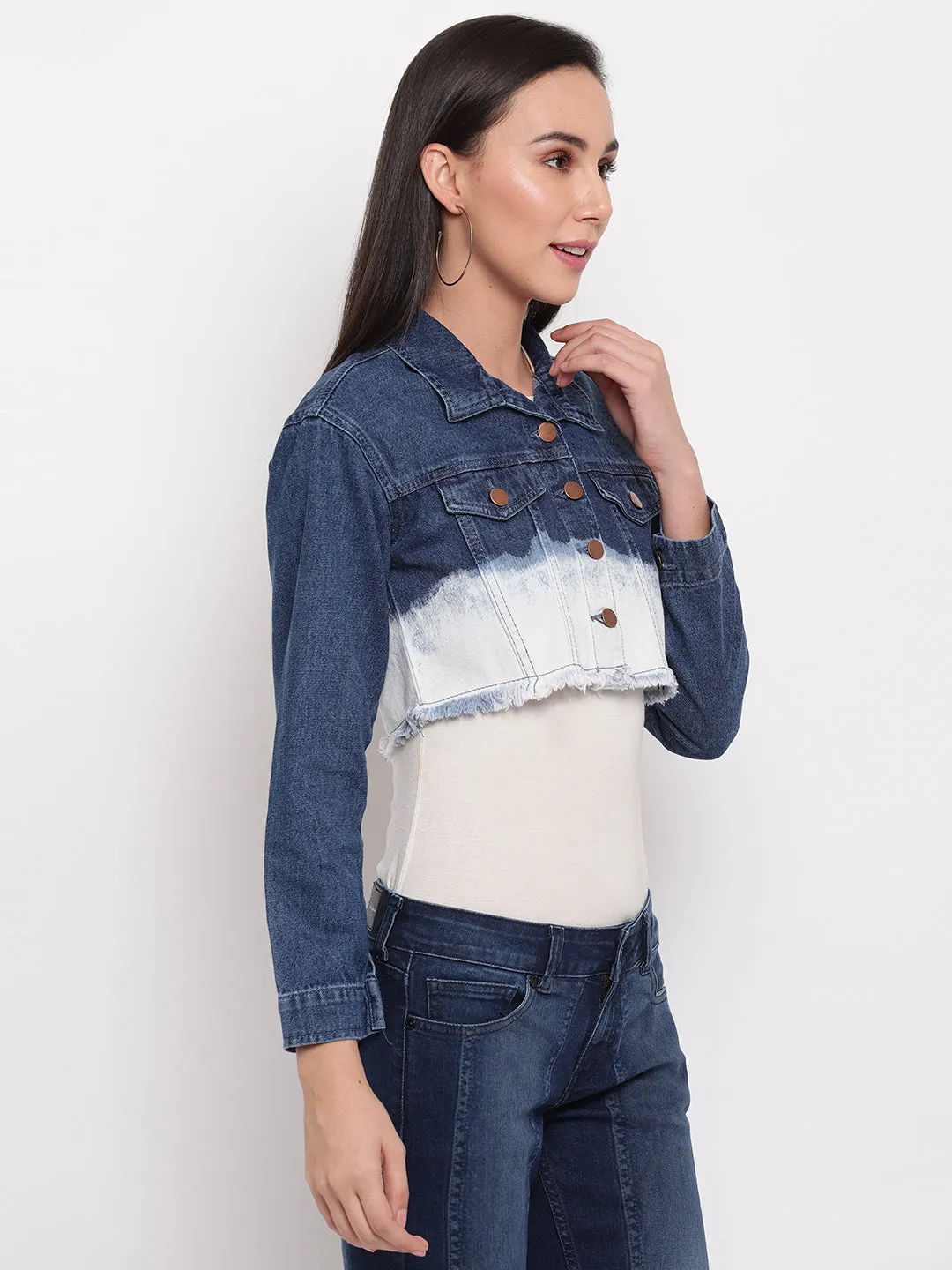 Women Blue Cropped Denim Jacket