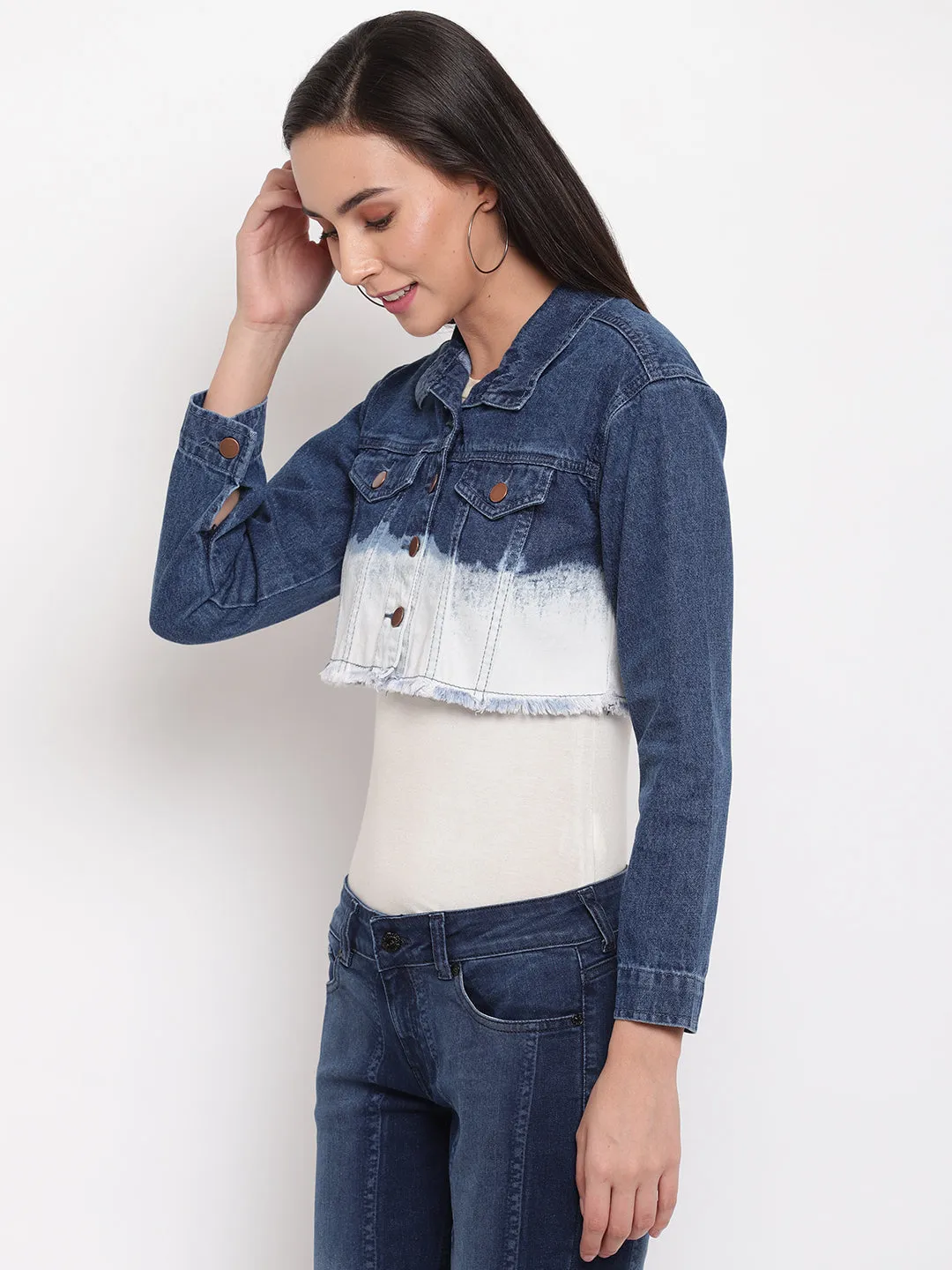 Women Blue Cropped Denim Jacket