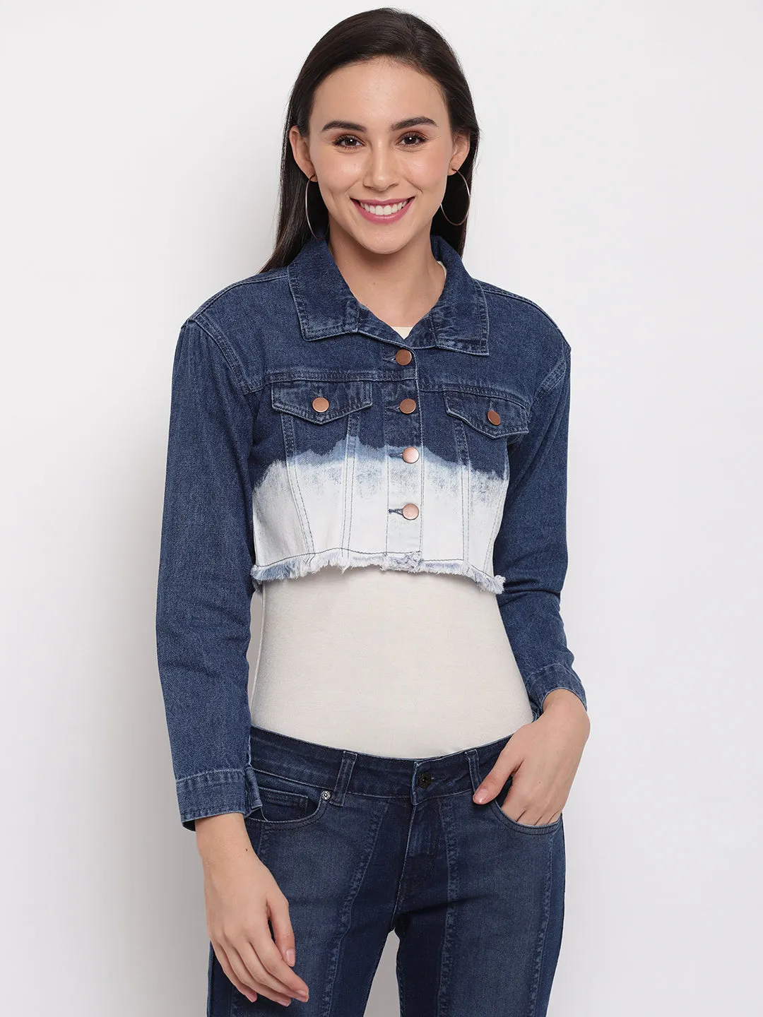 Women Blue Cropped Denim Jacket