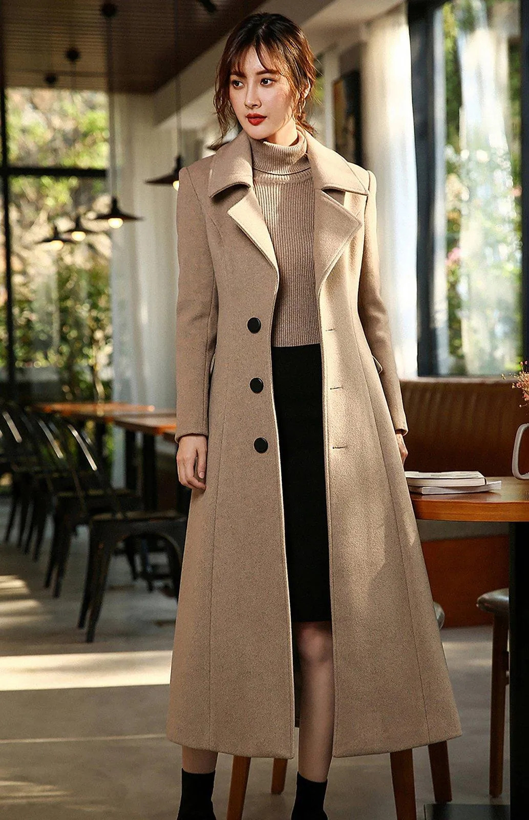 Women Custom Wool Coat,Single Breasted Woolen Coat,Winter Overcoat,Solid Peaked Lapel Long Coat,Wool Blend Coat,Red Khaki Coat,Outerwear