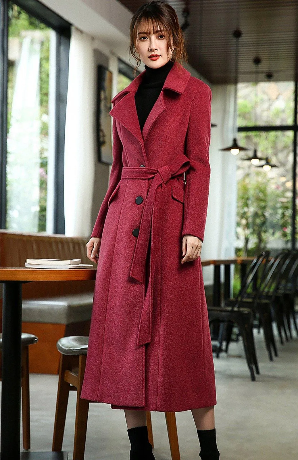 Women Custom Wool Coat,Single Breasted Woolen Coat,Winter Overcoat,Solid Peaked Lapel Long Coat,Wool Blend Coat,Red Khaki Coat,Outerwear