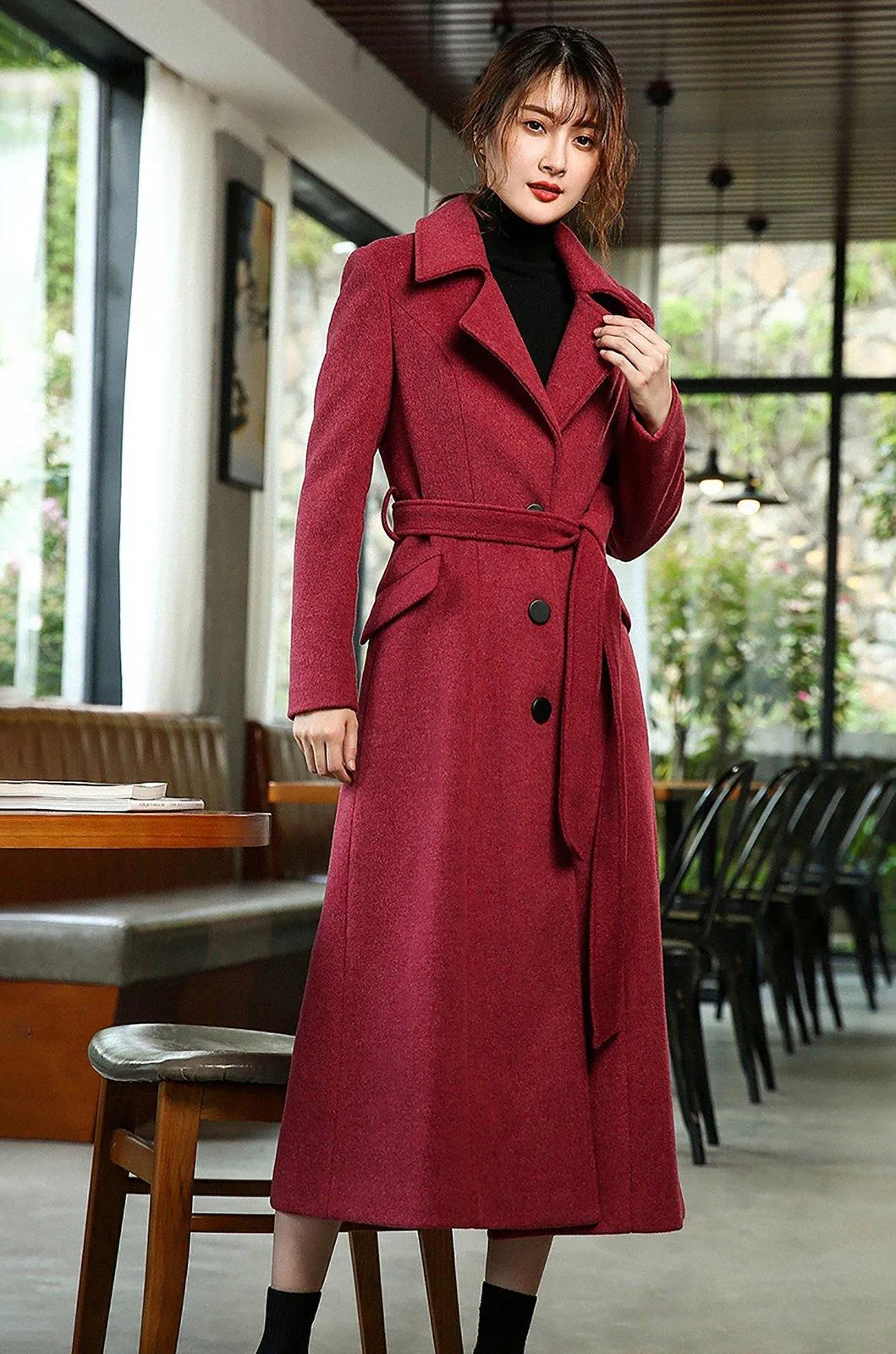 Women Custom Wool Coat,Single Breasted Woolen Coat,Winter Overcoat,Solid Peaked Lapel Long Coat,Wool Blend Coat,Red Khaki Coat,Outerwear