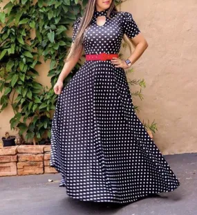 WOMEN LONG FLOWING BOHEMIAN BLACK DRESS WITH WHITE DOTS