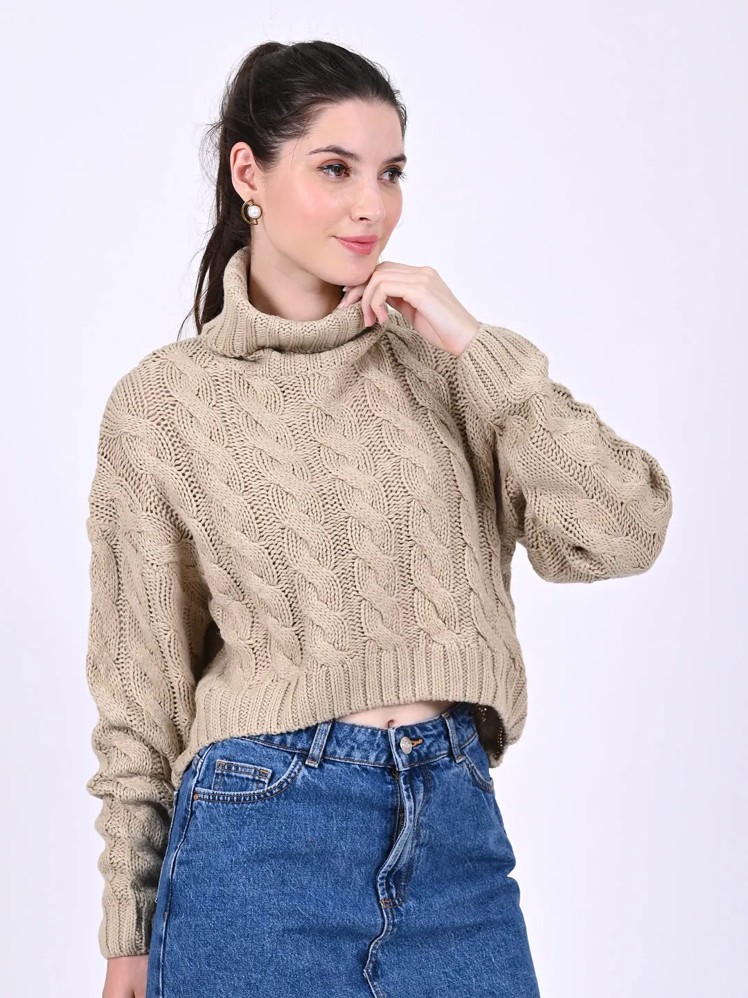 Women Lt Brown Cable Knit