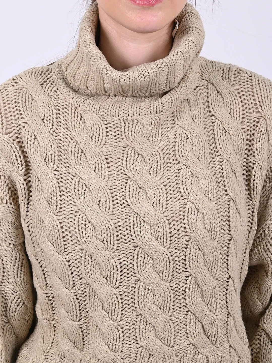 Women Lt Brown Cable Knit