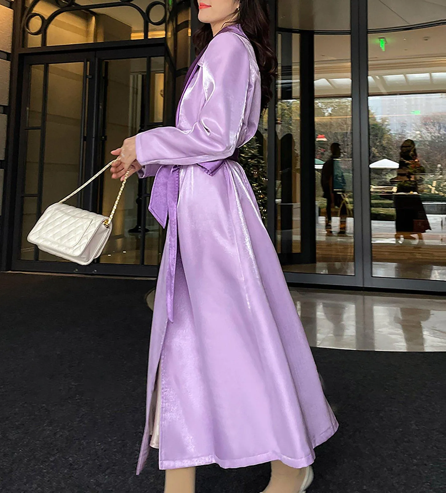 Women Purple Satin Belted Long Gown Trench Coat