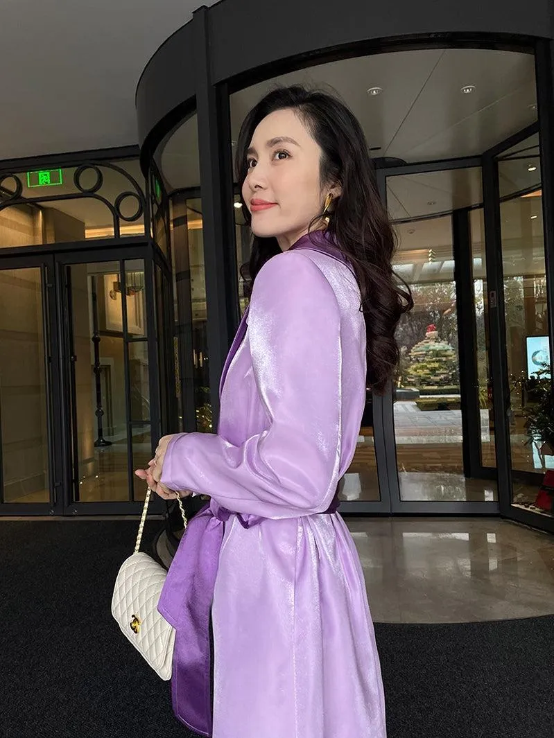 Women Purple Satin Belted Long Gown Trench Coat