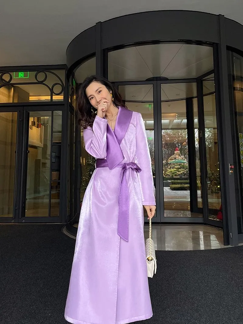 Women Purple Satin Belted Long Gown Trench Coat